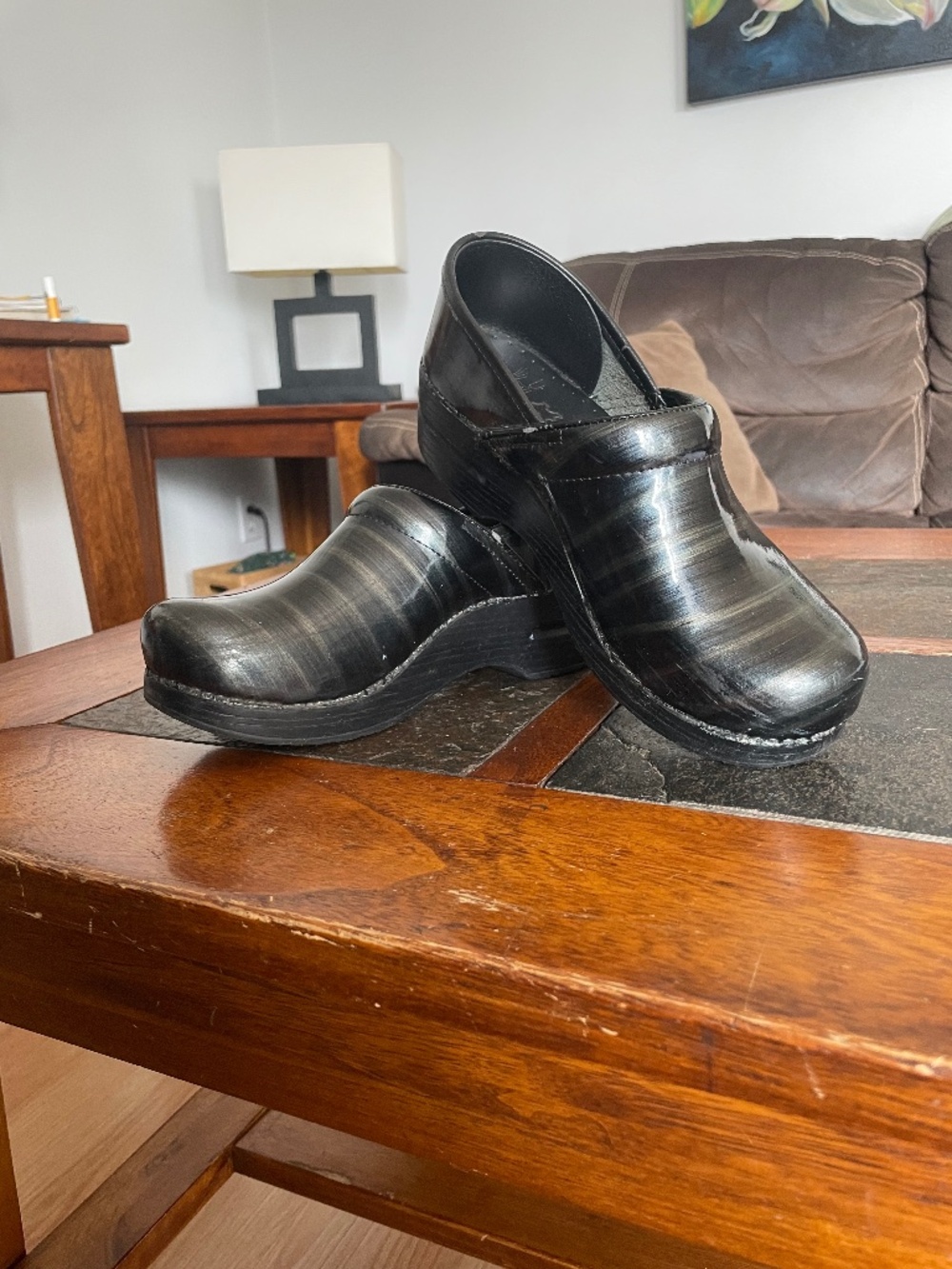 Dansko patent leather close heel clogs in metallic navy and silver